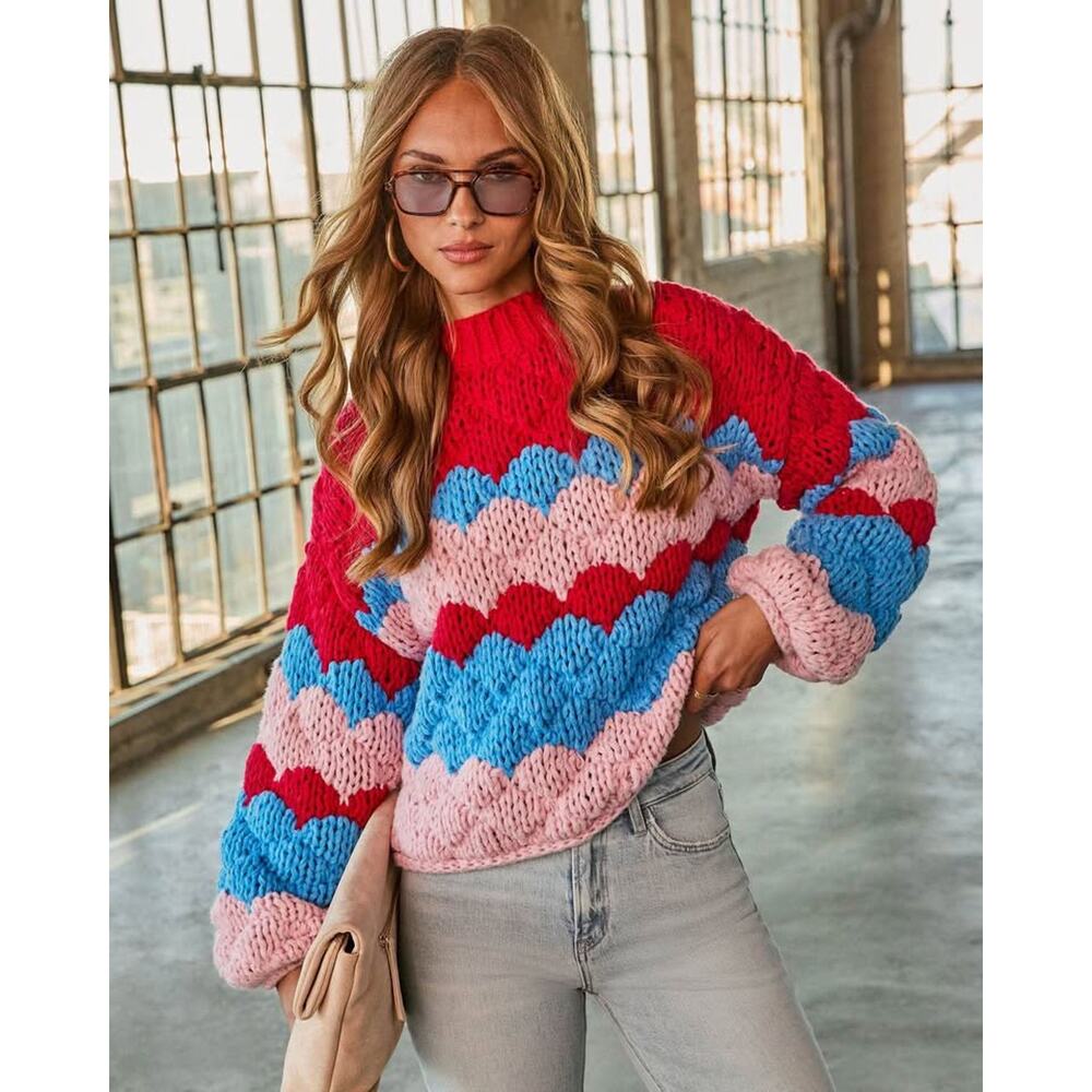 Vici Women’s Medium Freyie Abstract Mock Neck Chunky Knit Sweater